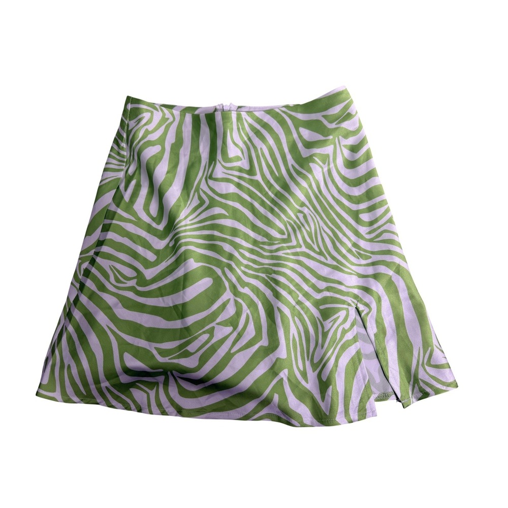 Princess Polly Skirt Womens 4 Green White Zebra Print‎ Satin Mini Slit Party